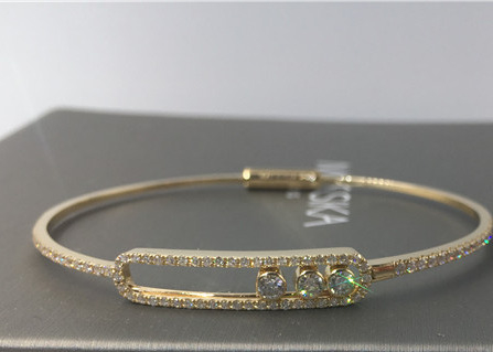 18K Perhiasan Paris Gelang Bangle Tipis Emas Kuning Dengan 3 Potongan Berlian Bergerak